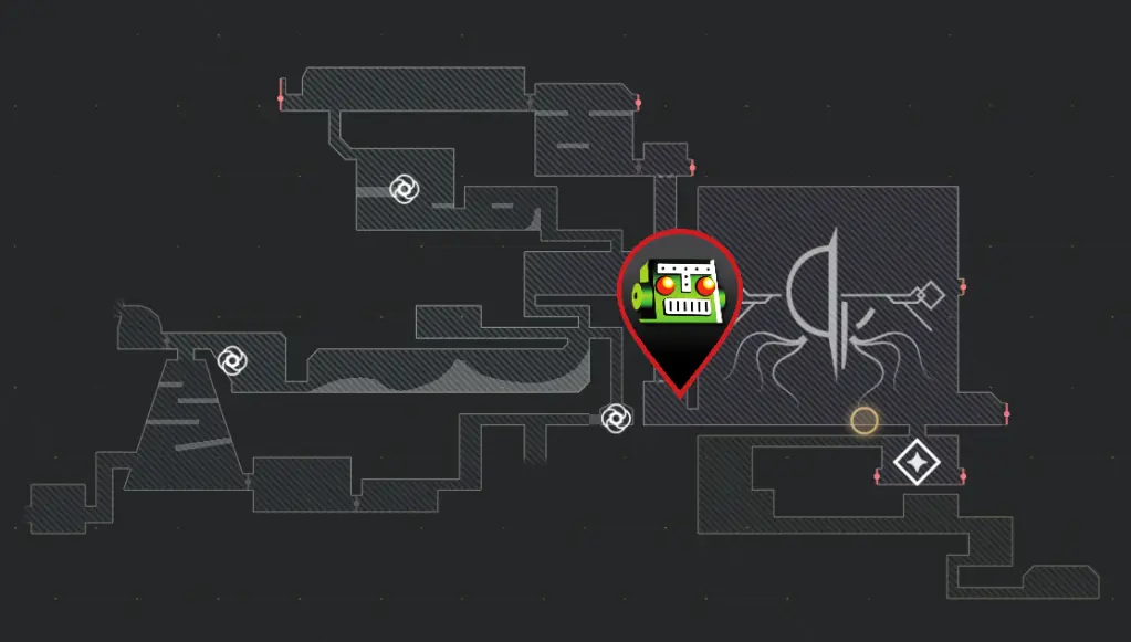 Um mapa cinza de Mio: Memories in Orbit mostrando a localização do Silo Access Badge com um logotipo Destructoid alinhado em vermelho