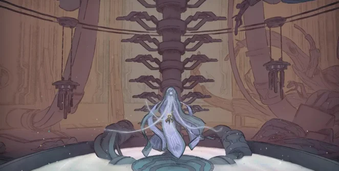 Uma captura de tela de MIO: Memories in Orbit mostrando uma estrutura mecânica semelhante a uma spne com um robô flutuante roxo e laranja no meio.