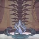 Uma captura de tela de MIO: Memories in Orbit mostrando uma estrutura mecânica semelhante a uma spne com um robô flutuante roxo e laranja no meio.