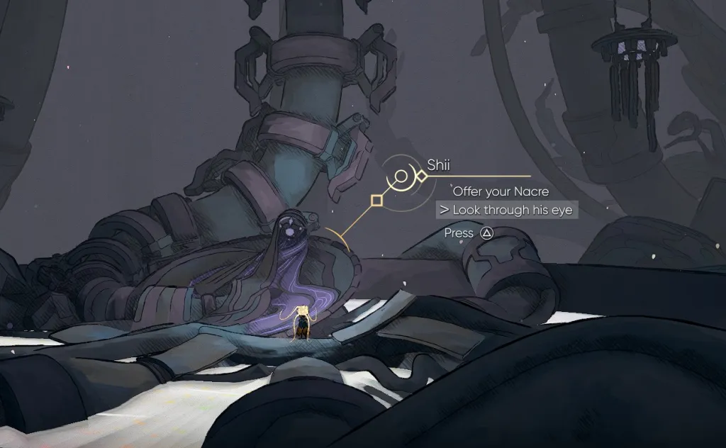 Uma coisa com aparência de robô vestida de roxo está sentada no chão em um quarto escuro nesta captura de tela de MIO: Memories in Orbit