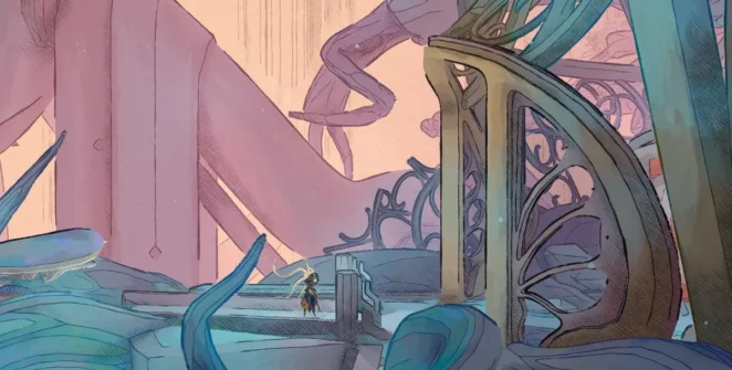Uma captura de tela colorida de Mio: Memories in Orbit mostrando uma robô feminina preta e amarela parada em frente a uma porta de metal com desenhos complexos.
