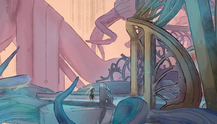 Uma captura de tela colorida de Mio: Memories in Orbit mostrando uma robô feminina preta e amarela parada em frente a uma porta de metal com desenhos complexos.