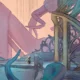 Uma captura de tela colorida de Mio: Memories in Orbit mostrando uma robô feminina preta e amarela parada em frente a uma porta de metal com desenhos complexos.
