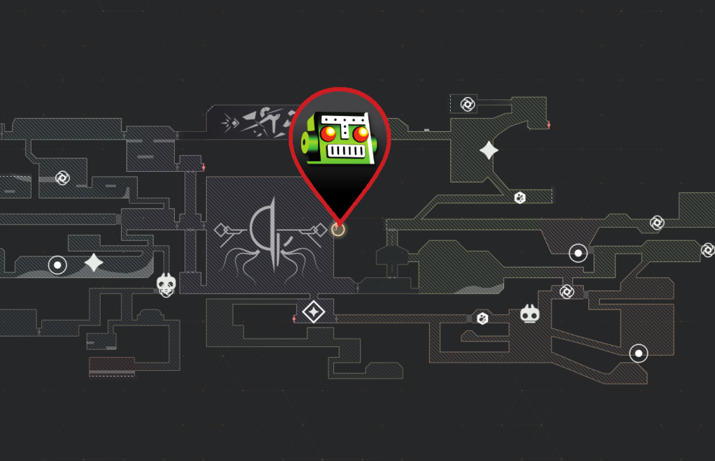 Um mapa de Mio: Memórias em Órbita mostrando a localização da porta dos Aviários.