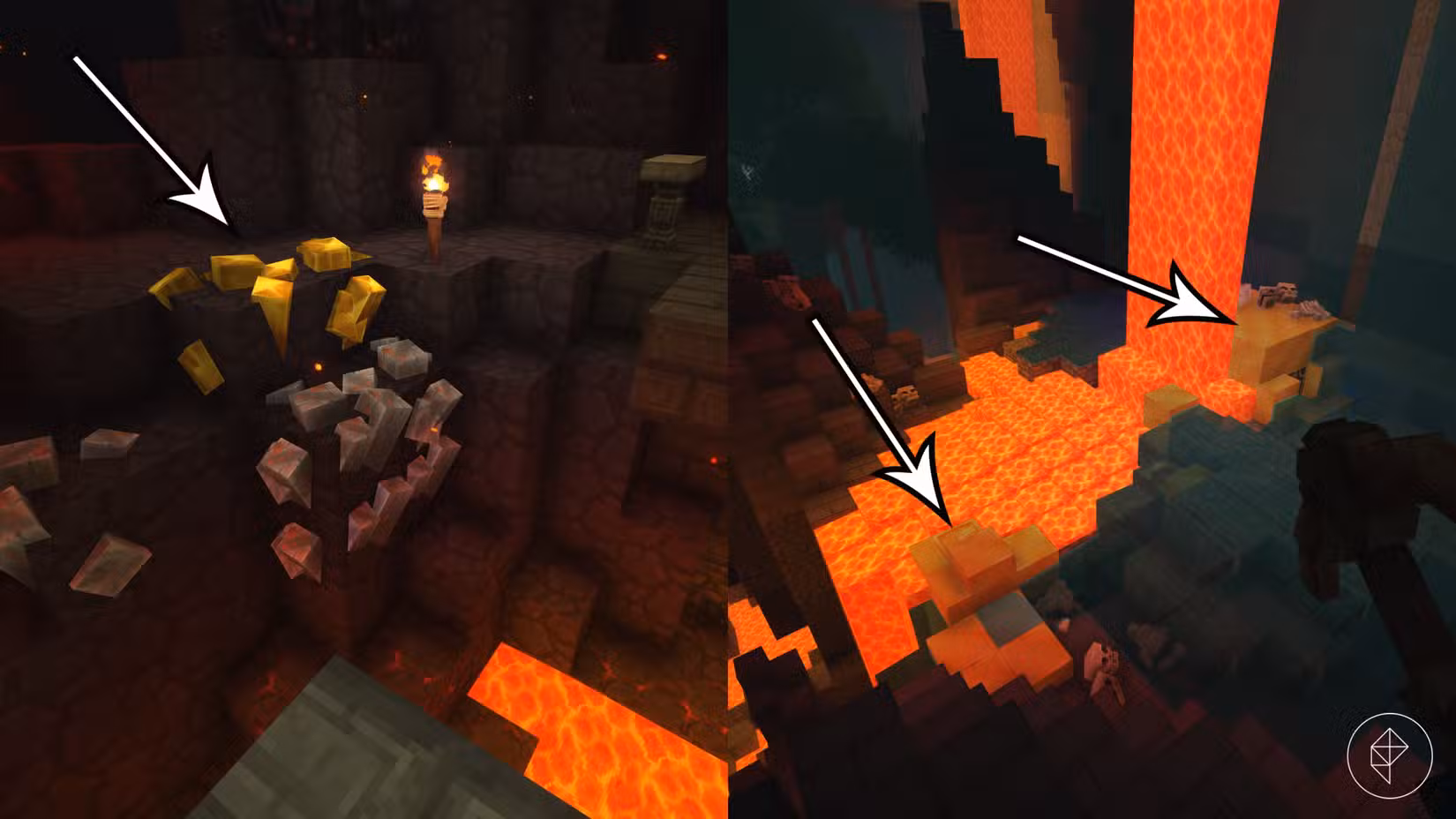 As setas apontam para minério de ouro e blocos de ouro maciço na área subterrânea de Hytale.