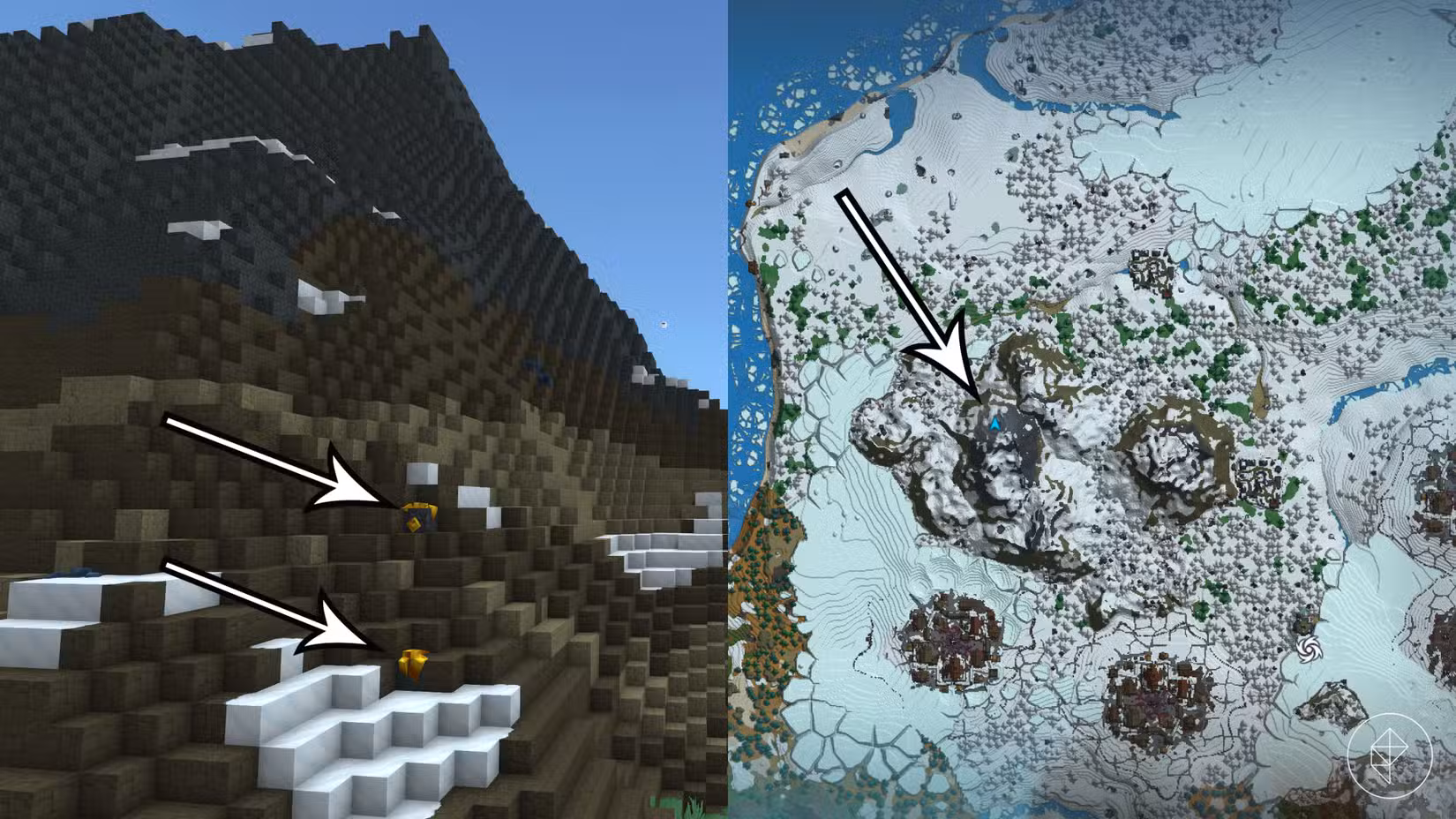 Depósitos de minério de ouro no mapa de neve na Zona 3 de Hytale.