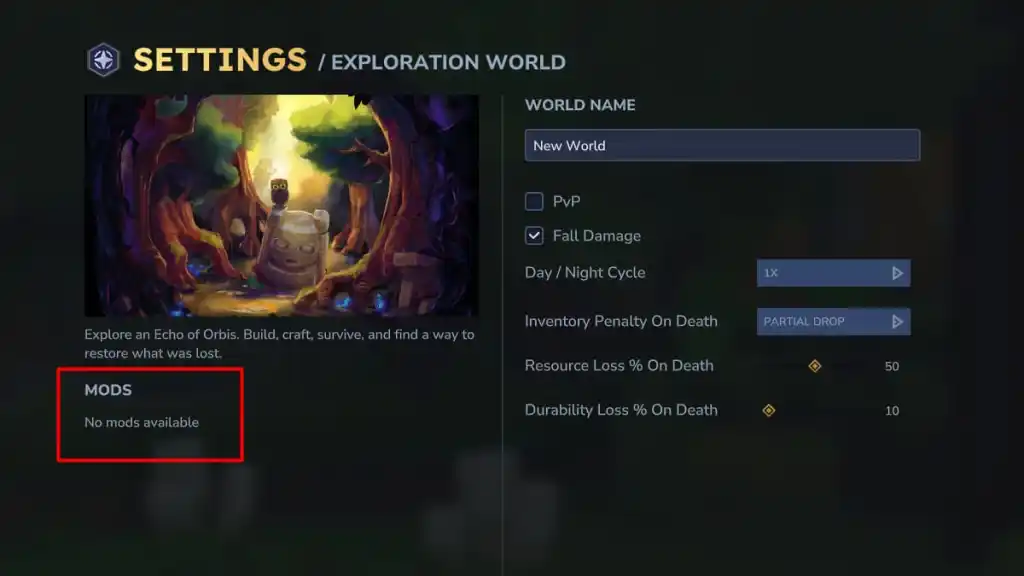 UI de criação de mundo da Hytale.