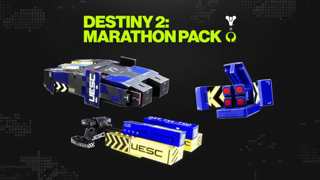 Os cosméticos Destiny 2: Marathon Pack, que incluem o UESC Echo-type Shell Exotic Ghost, o UESC Rover Exotic Ship e o UESC Sprinter Exotic Sparrow.