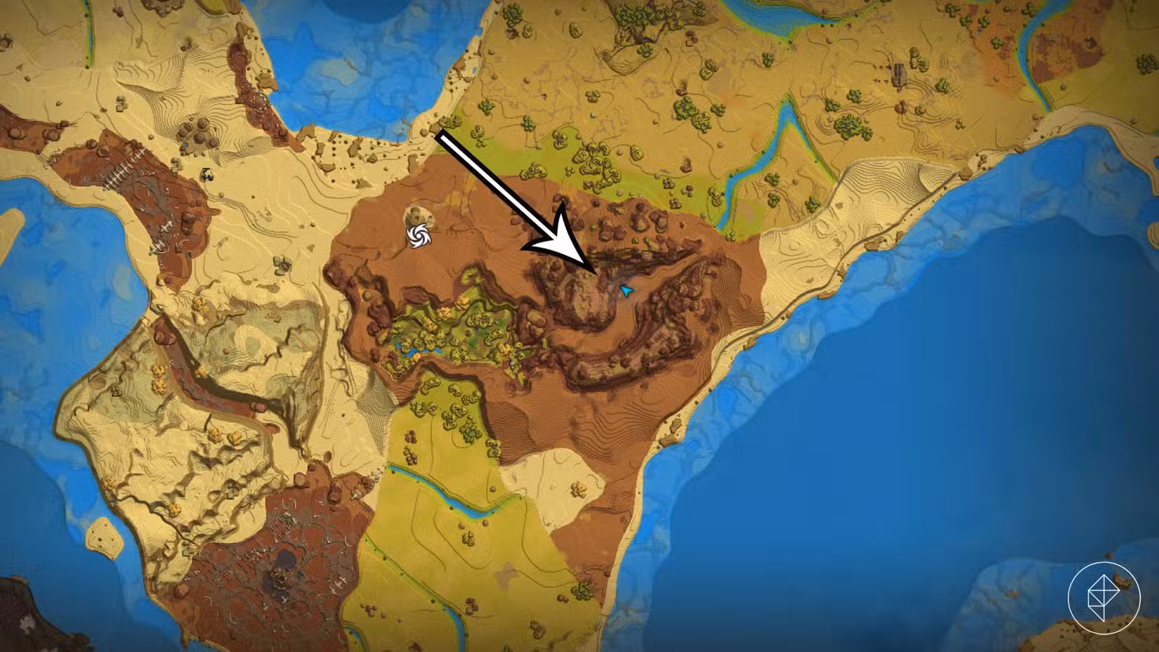 Uma seta aponta para um depósito de argila vermelha em Hytale.