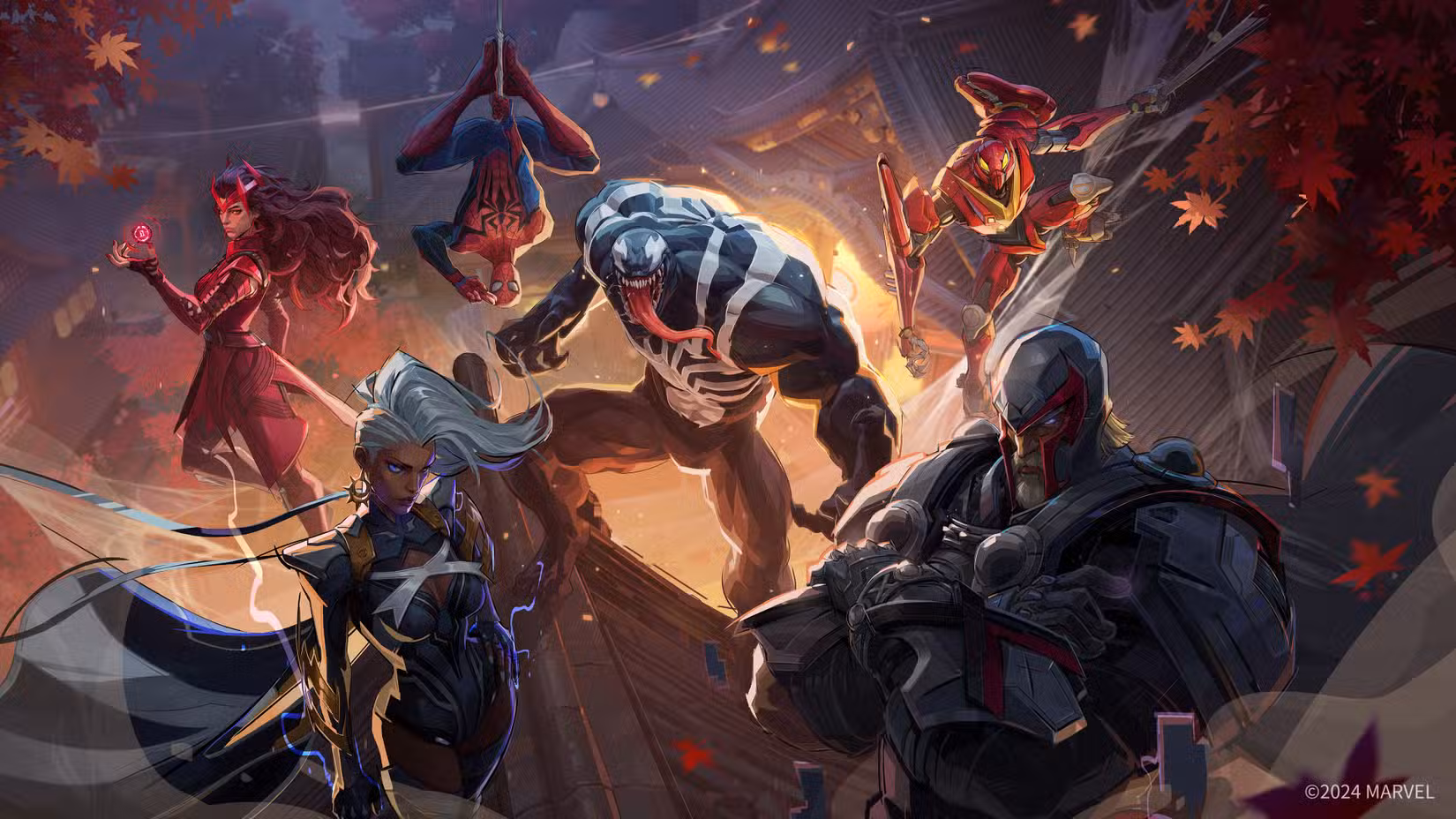 Arte de Marvel Rivals, apresentando Homem-Aranha, Feiticeira Escarlate, Tempestade, Venom, Peni Parker e Magneto