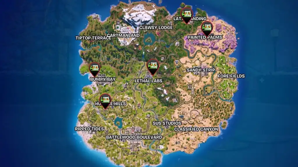 Todos os locais de mapas especializados contratados em Fortnite