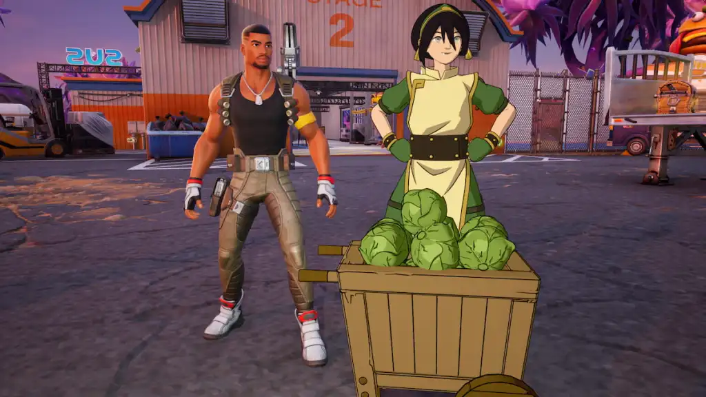 Toph parado ao lado de uma carroça com repolhos próximo ao Miles NPC em Fortnite