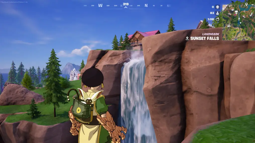 Olhando o pôr do sol cai na cachoeira no fortnite