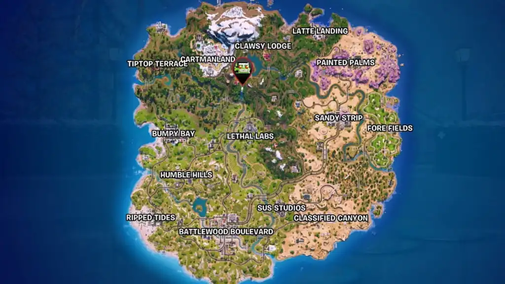 Localização do mapa Sunset Falls em Fortnite