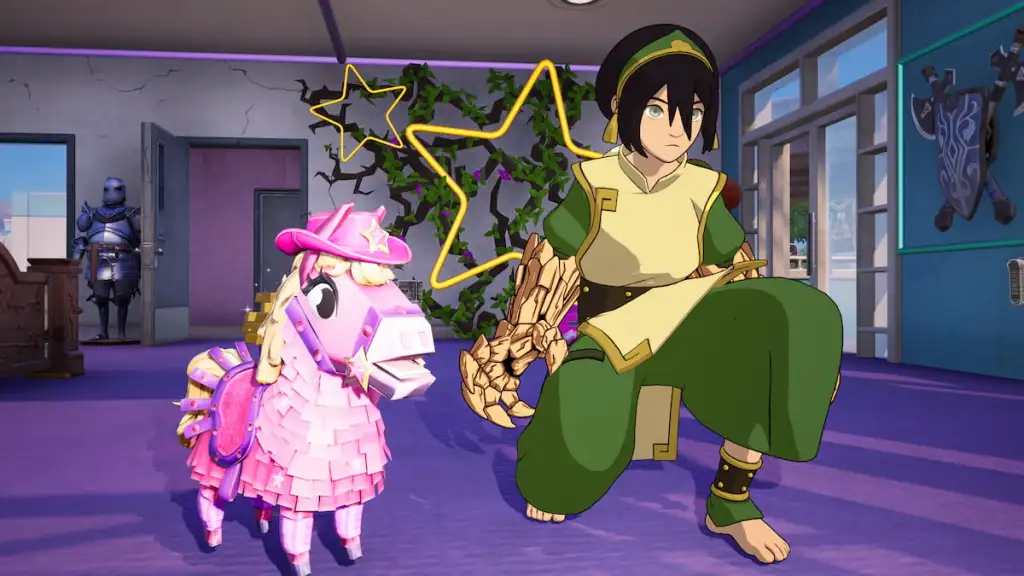 Ajoelhando-se ao lado do pônei rosa em fortnite