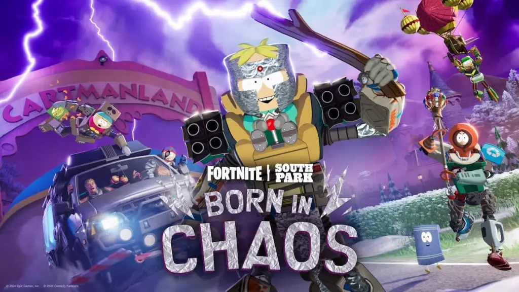 Personagens de South Park correndo e dirigindo em Fortnite