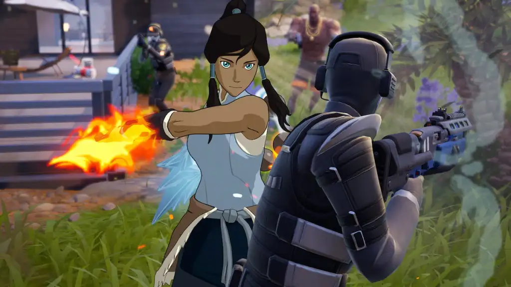 Korra lutando contra um capanga com uma picareta de fogo e gelo nas mãos em Fortnite