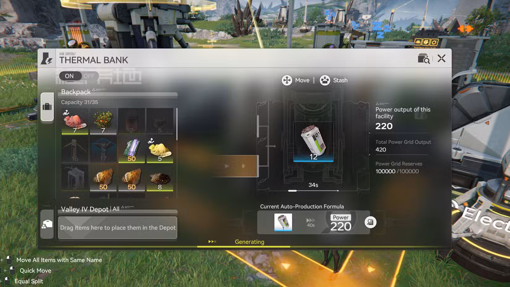 Uma captura de tela de Arknights: Endfield mostrando o menu do banco térmico e quanta energia uma bateria pode produzir