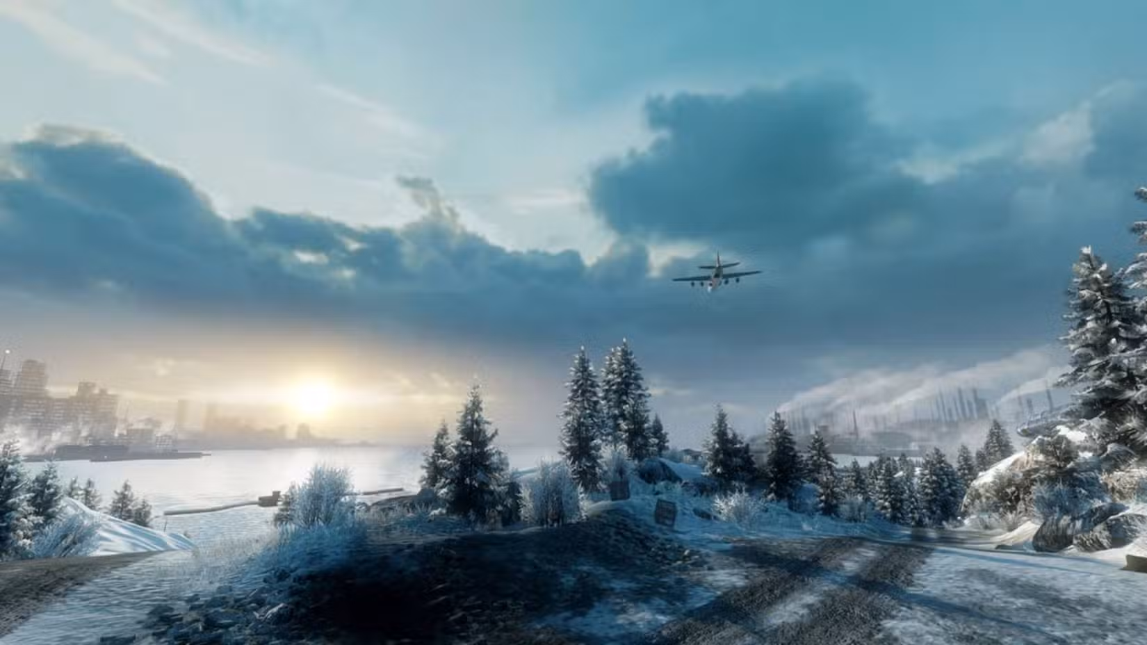 Um avião sobrevoando a costa nevada de Port Valdez em Battlefield Bad Company 2.