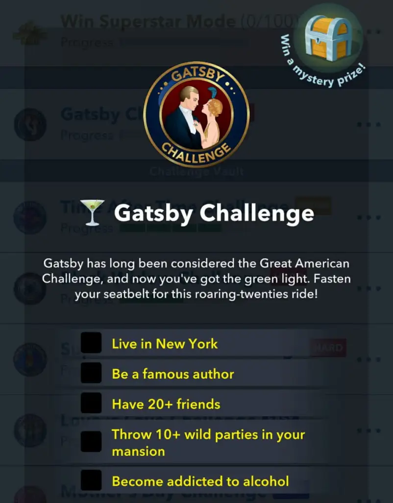Lista de verificação do desafio Gatsby em bitlife