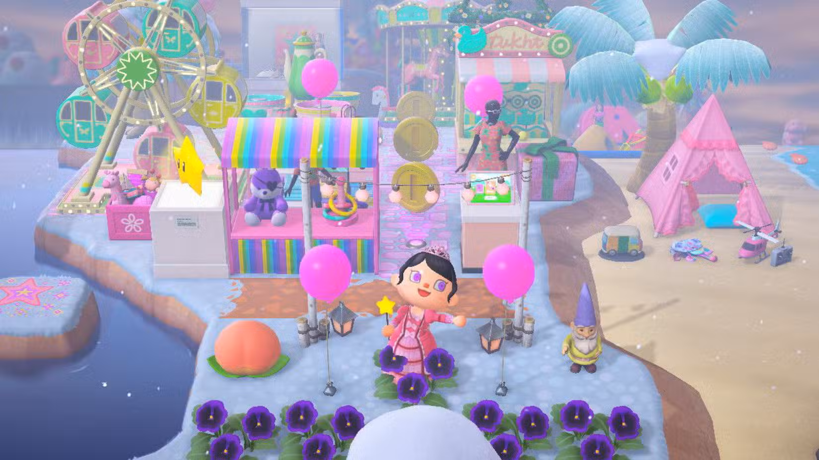Uma personagem feminina de cabelo preto de Animal Crossing: New Horizons posa em frente a uma área de parque temático.