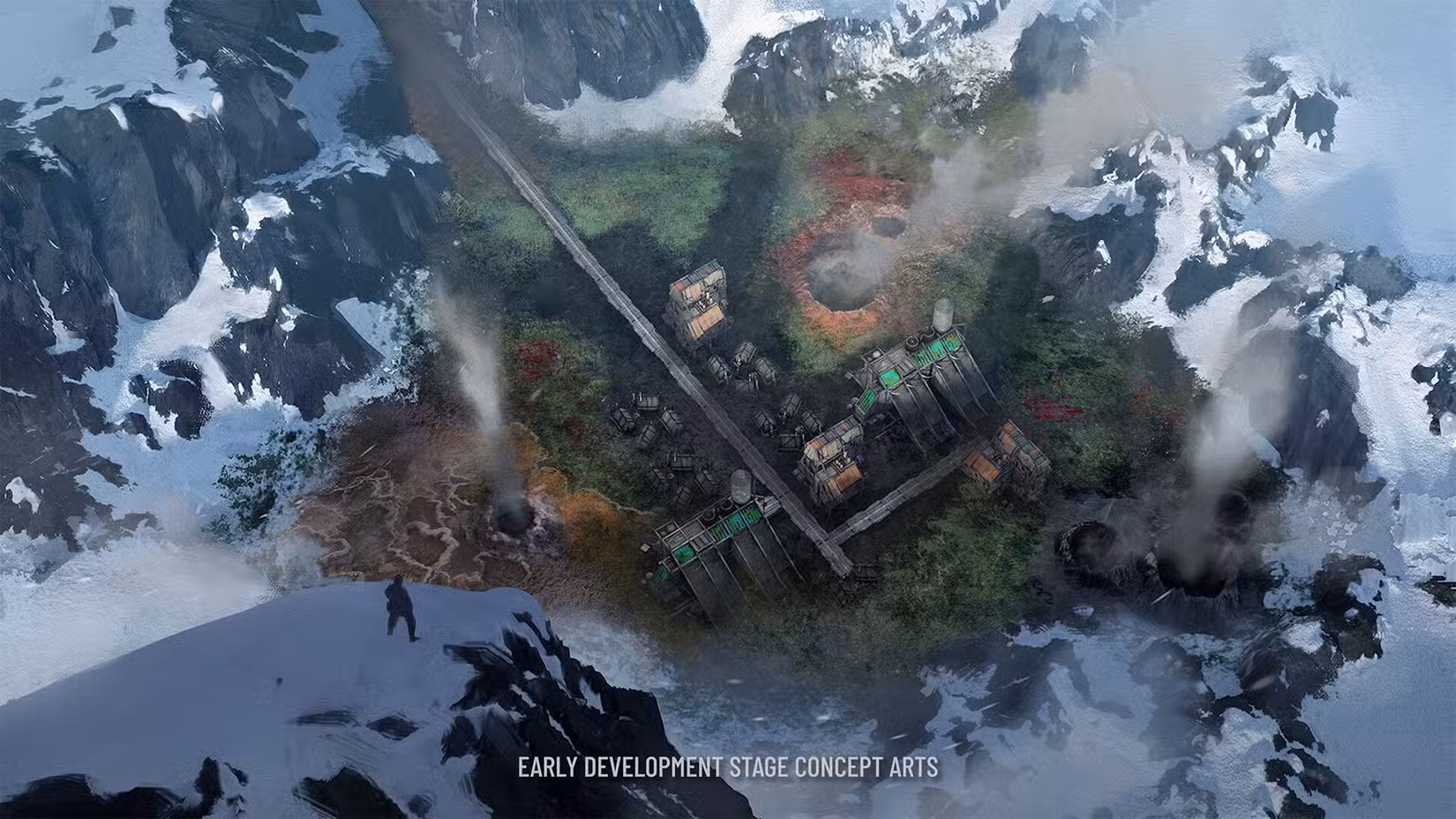 Uma visão das saídas de vapor e das estruturas construídas em torno delas em Frostpunk: 1886