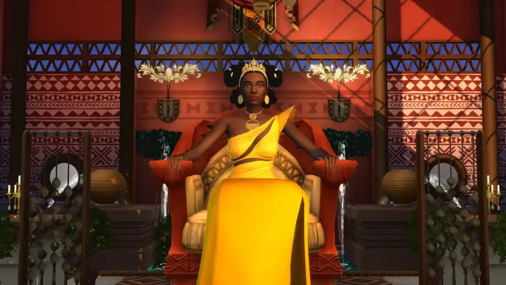 Sim com vestido amarelo sentado no trono em the sims 4 royalty & legado