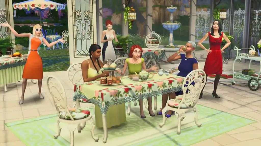 Sims reunidos em uma festa de chá no kit de chá the sims 4