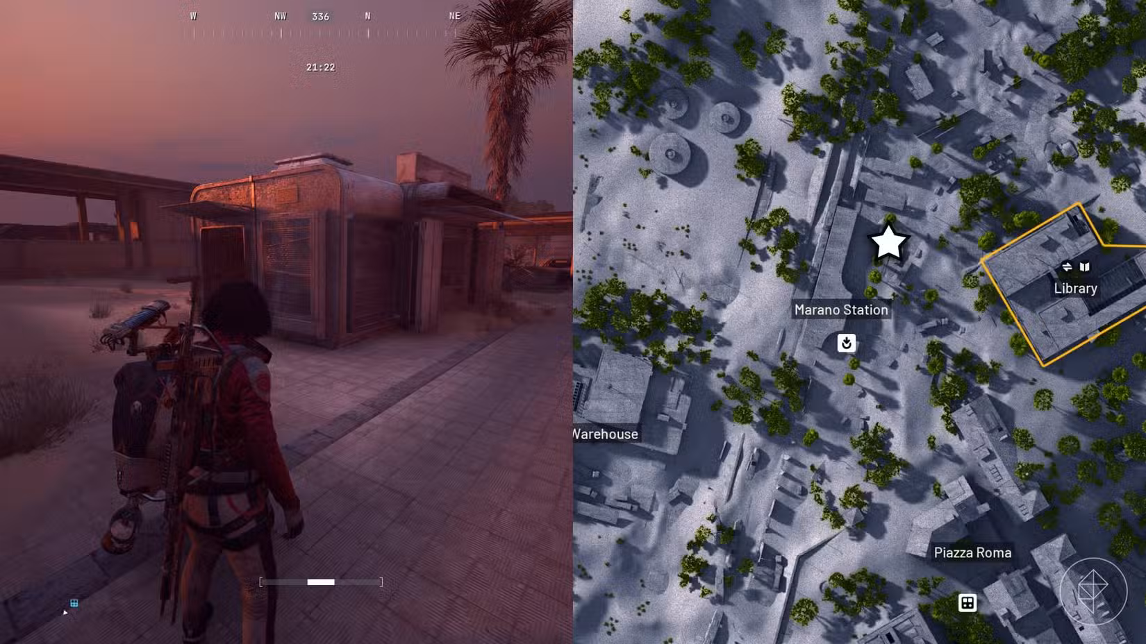 O lado esquerdo da imagem mostra o jogador parado em frente a um quiosque em Buried City em Arc Raiders, enquanto o lado direito mostra o quiosque marcado no mapa do jogo.