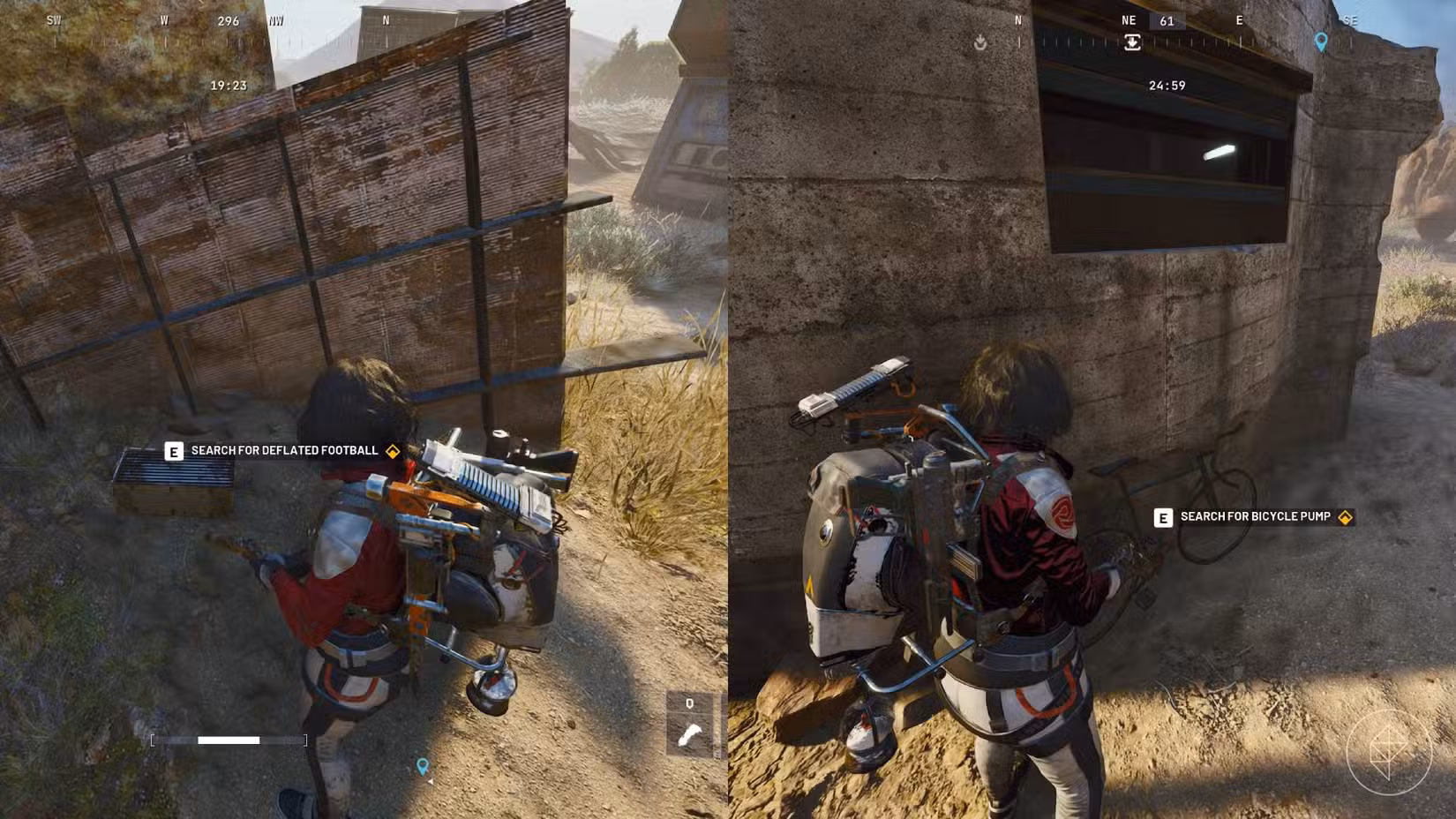 O lado esquerdo da imagem mostra o jogador procurando a bola de futebol vazia no recipiente de metal em Arc Raiders, enquanto o lado direito mostra-o procurando a bomba da bicicleta.