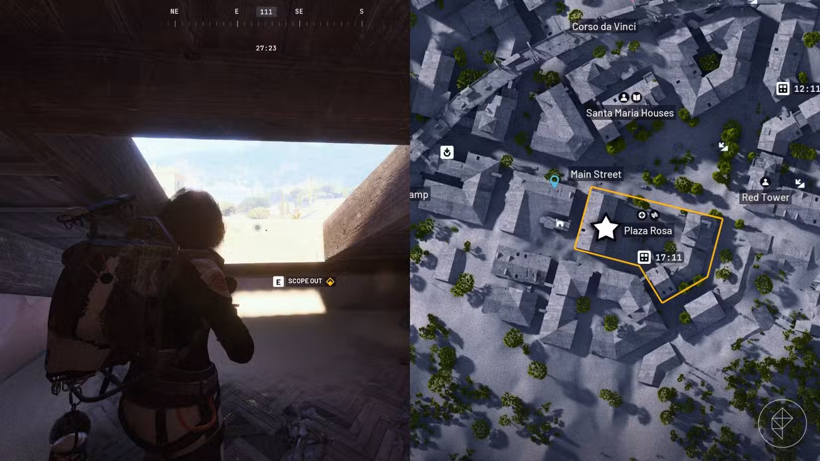 O lado esquerdo da imagem mostra o jogador em frente ao prompt para explorar os sótãos de Buried City em Arc Raiders, enquanto o lado direito da imagem mostra o local marcado no mapa do jogo.