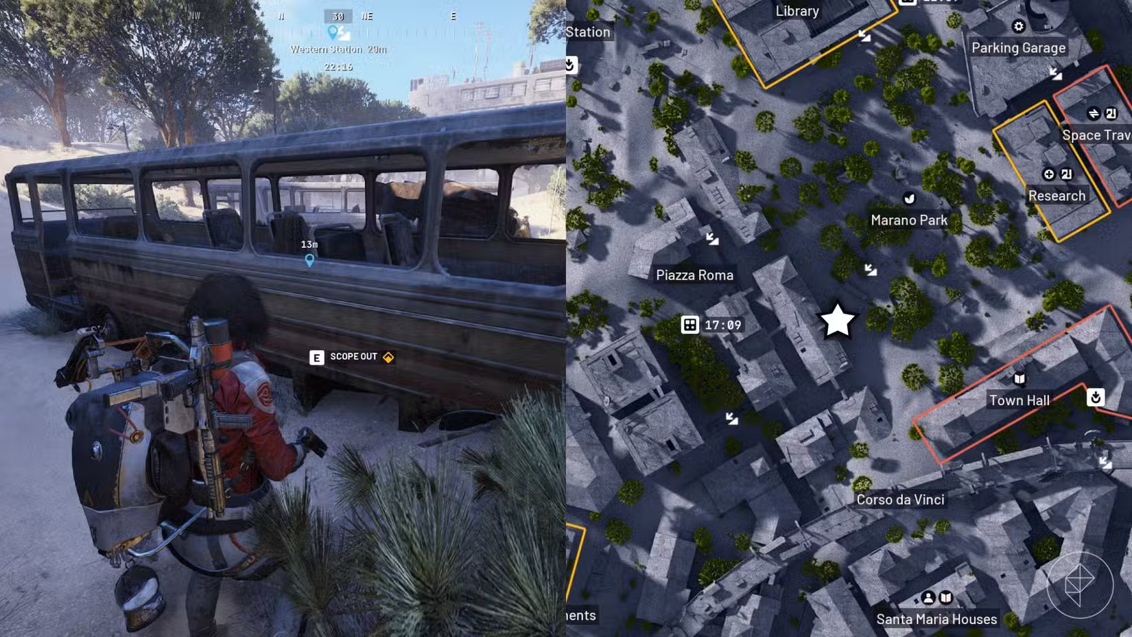 O lado esquerdo da imagem mostra o jogador em frente ao prompt para explorar os ônibus em Buried City em Arc Raiders, enquanto o lado direito da imagem mostra o local marcado no mapa do jogo.