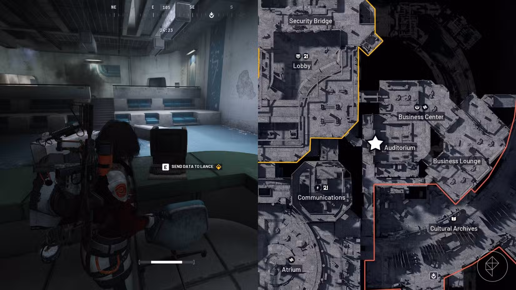 O lado esquerdo da imagem mostra o jogador em frente ao objetivo da missão em Arc Raiders, enquanto o lado direito da imagem mostra o local destacado com uma estrela no mapa do jogo.