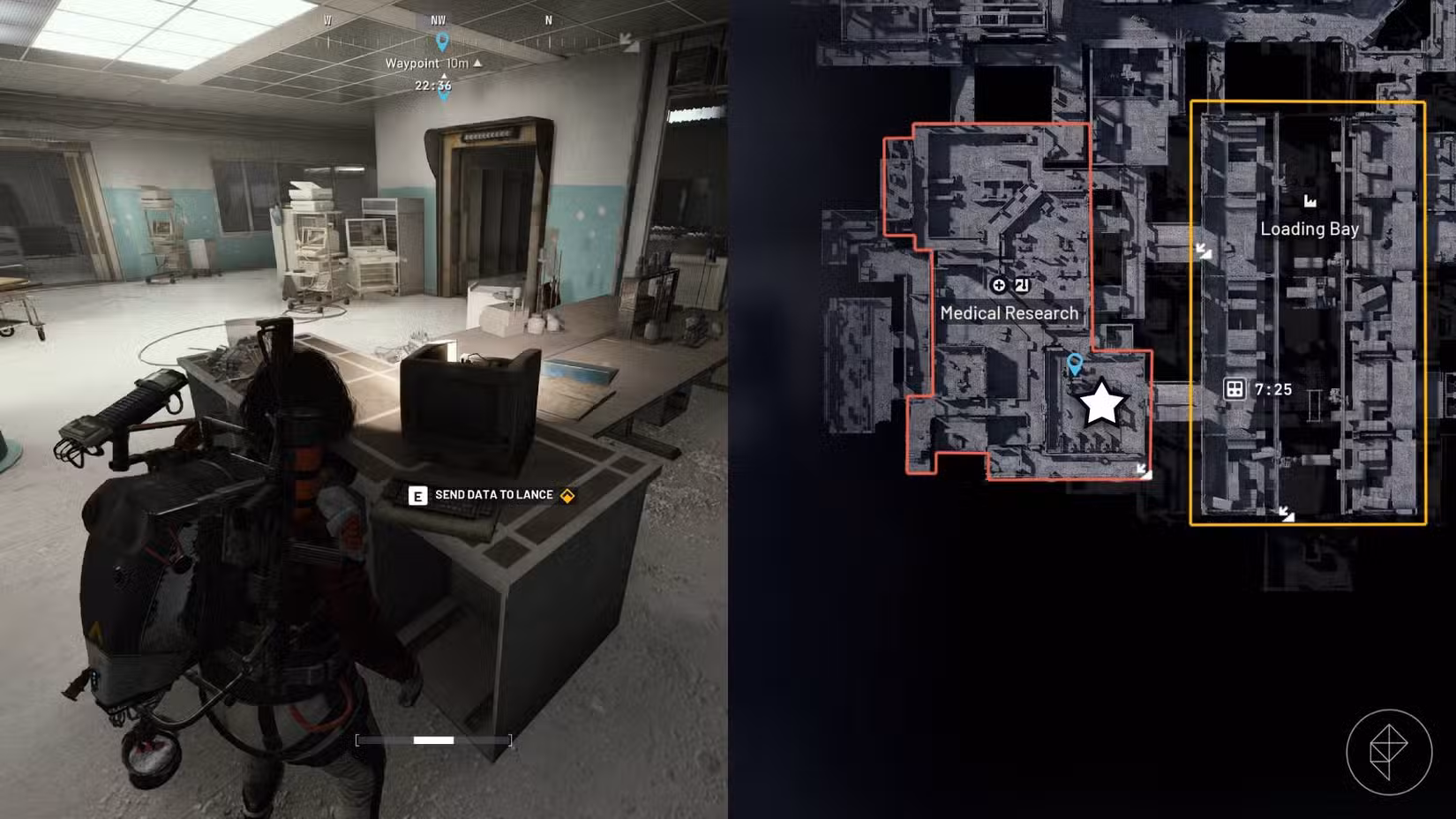 O lado esquerdo da imagem mostra o jogador em frente ao objetivo da missão em Arc Raiders, enquanto o lado direito da imagem mostra o local destacado com uma estrela no mapa do jogo.