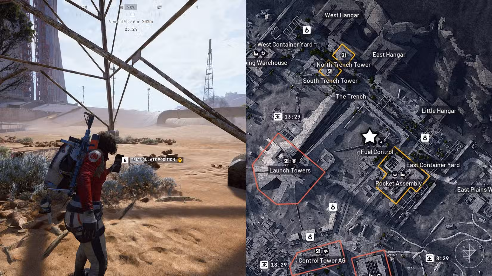 O lado esquerdo da imagem mostra o jogador em frente ao prompt do jogo para completar o objetivo de On The Map em Arc Raiders, enquanto o lado direito da imagem mostra o local marcado no mapa do jogo com uma estrela.