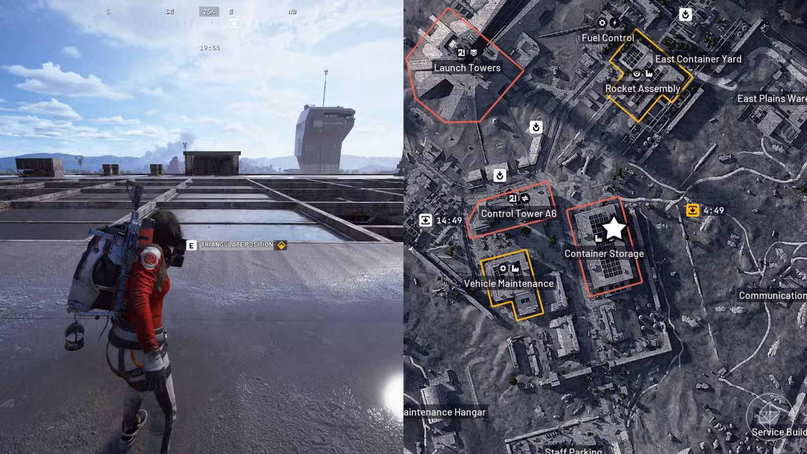 O lado esquerdo da imagem mostra o jogador em frente ao prompt do jogo para completar o objetivo de On The Map em Arc Raiders, enquanto o lado direito da imagem mostra o local marcado no mapa do jogo com uma estrela.