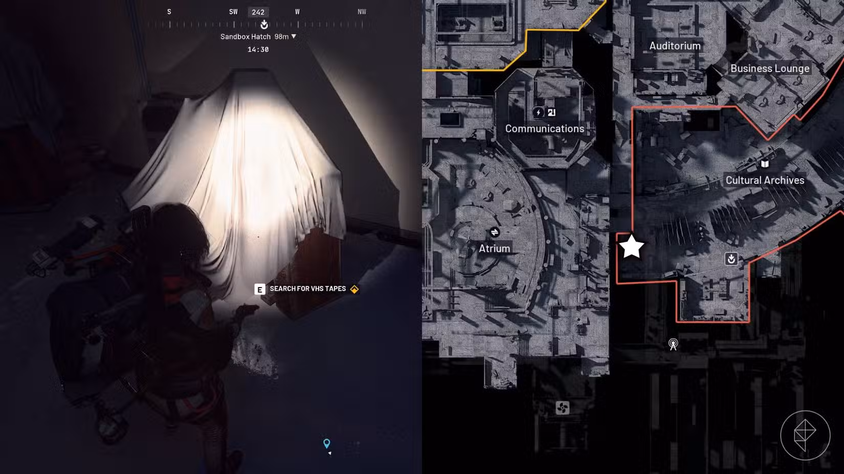 O lado esquerdo da imagem mostra o jogador em Arc Raiders interagindo com o prompt da missão Movie Night, enquanto o lado direito da imagem mostra o local destacado com uma estrela no mapa do jogo.