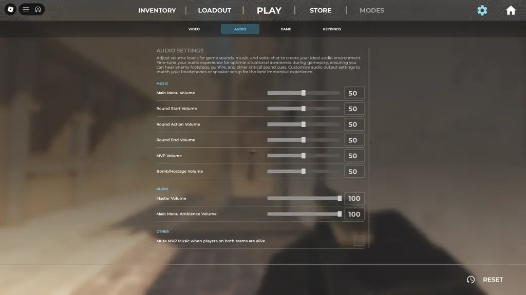 Visualização das configurações de áudio na experiência BloxStrike Roblox.