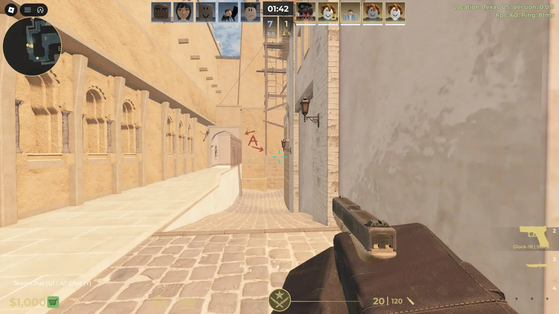 Visualização do BloxStrike com a configuração de sombras globais desativada.