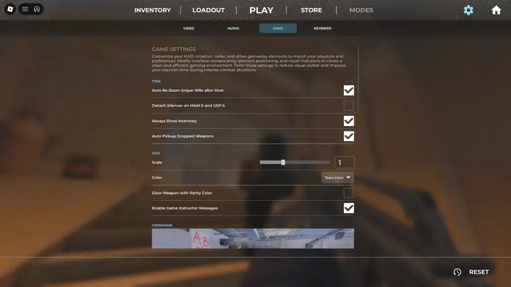 Visualização dos melhores itens e configurações de hud na experiência BloxStrike Roblox.