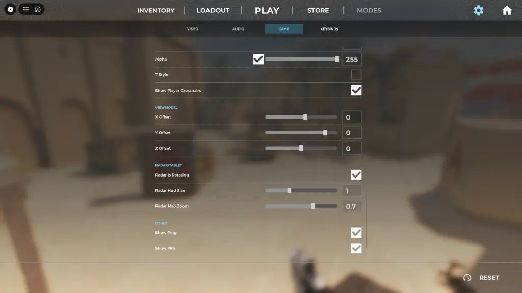 Melhor modelo de visualização, radar e outras configurações na experiência BloxStrike Roblox.