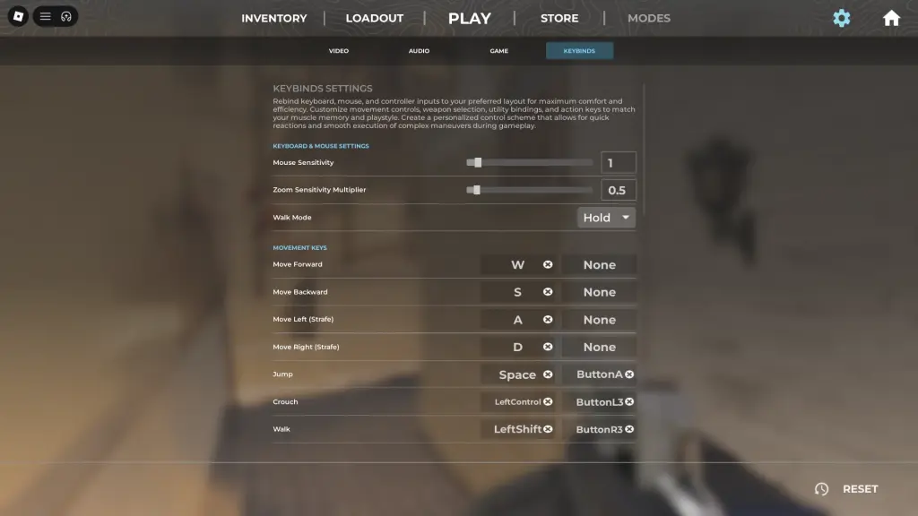 Visualização das configurações de atalho de teclado na experiência BloxStrike Roblox.