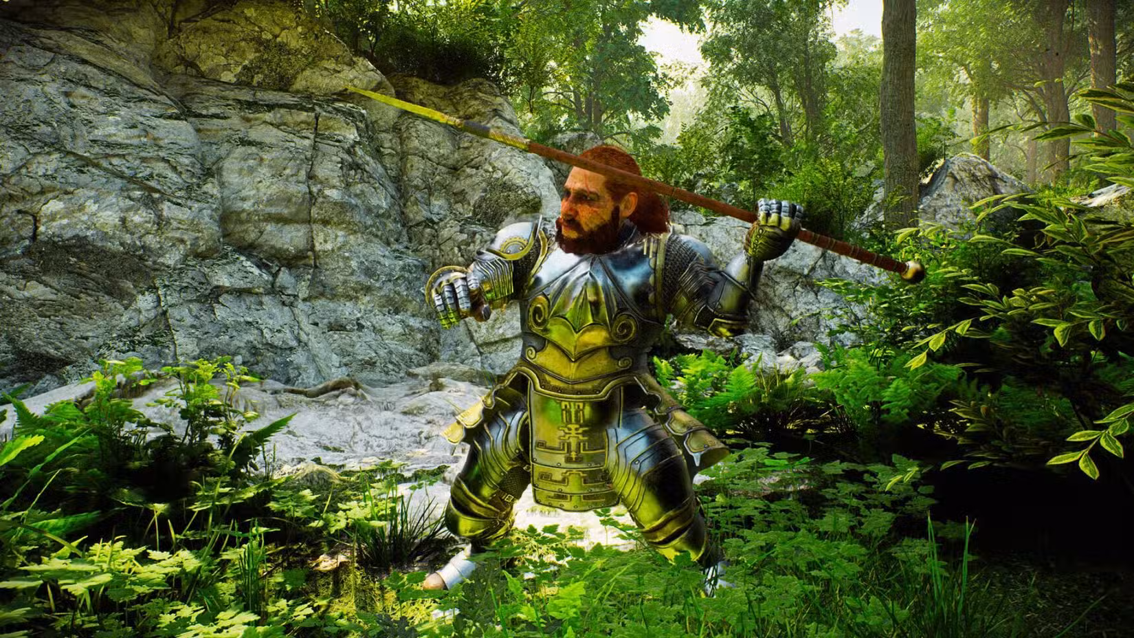 Uma imagem de Solasta 2. Ela retrata um guerreiro anão, com armadura e empunhando uma lança em um ambiente verde.