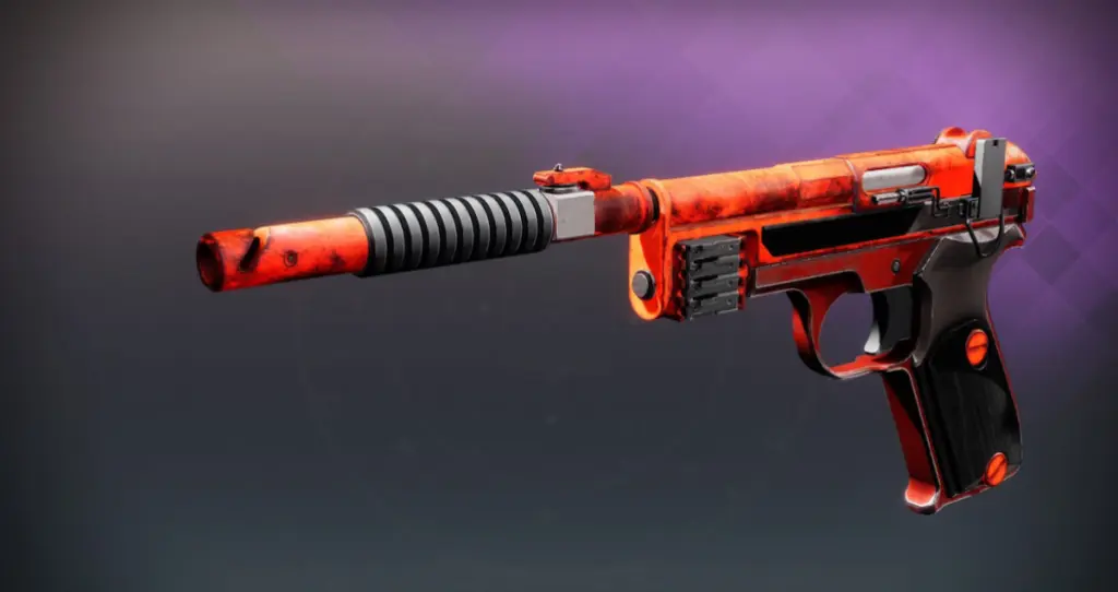 A arma Compact Defender com o brilho vermelho dos itens de nível cinco dos Renegados.