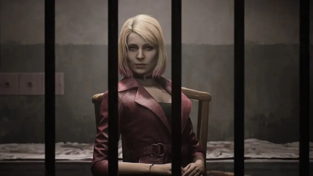 Silent Hill 2: Maria olha para a câmera atrás das grades.