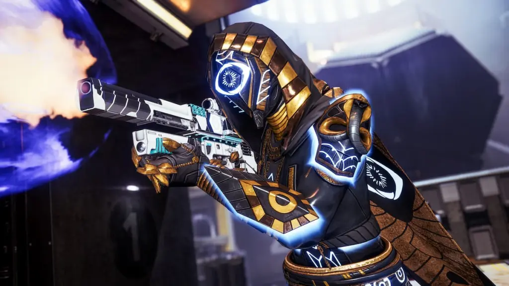 Um Hunter em Trials Gear dispara The Martlet durante uma partida em The Anomaly.