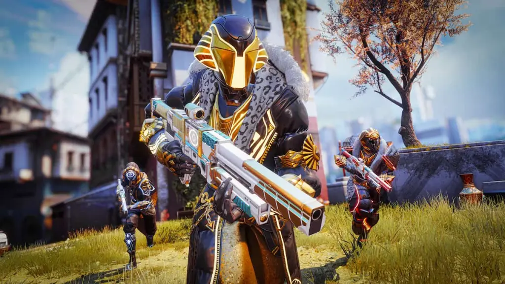 Um Warlock vestido com a armadura Renegades Trials of Osiris segura The Martlet em suas mãos.