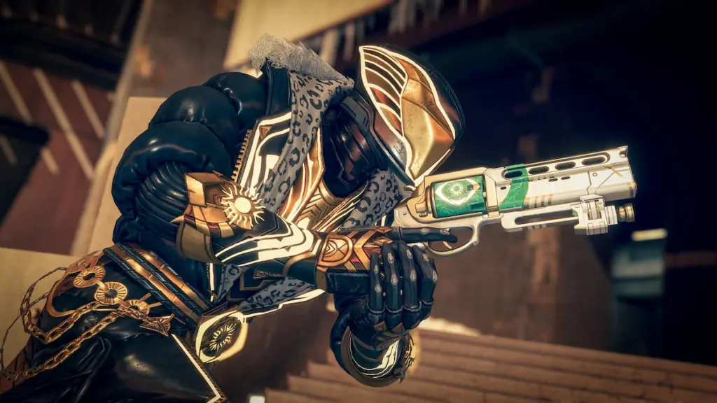 Um Warlock com o canhão de mão Corindo Hammer, vestido com equipamento Trials of Osiris