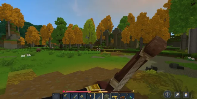 Um jogador usando arco e flecha em Hytale