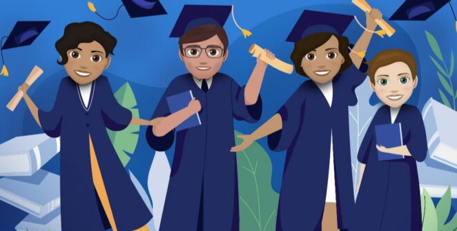 Quatro personagens se formando e possuindo diplomas em bitlife